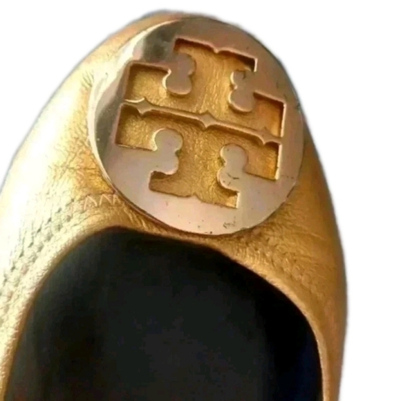 Tory Burch Womens Reva Metallic Gold Leather Ballerina RARE Statement Flats 9.5 - Picture 13 of 15